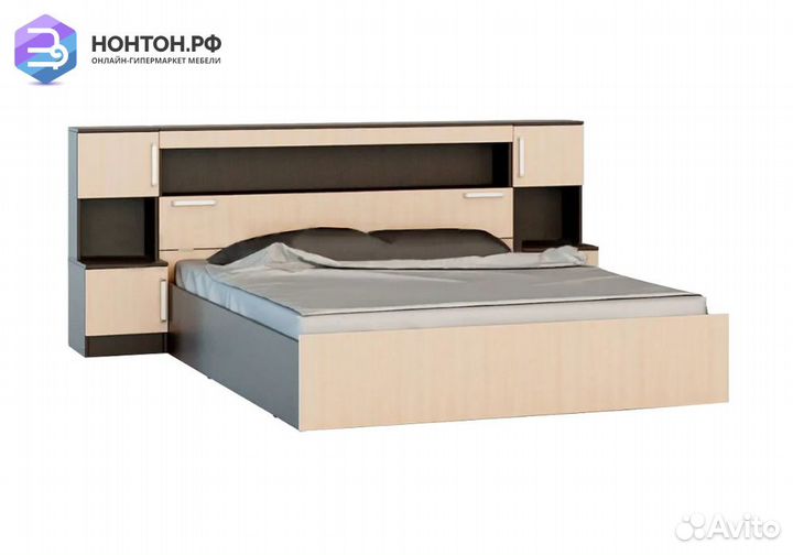 Кровать Бася 1.6 м с надстройкой и тумбами дуб бел