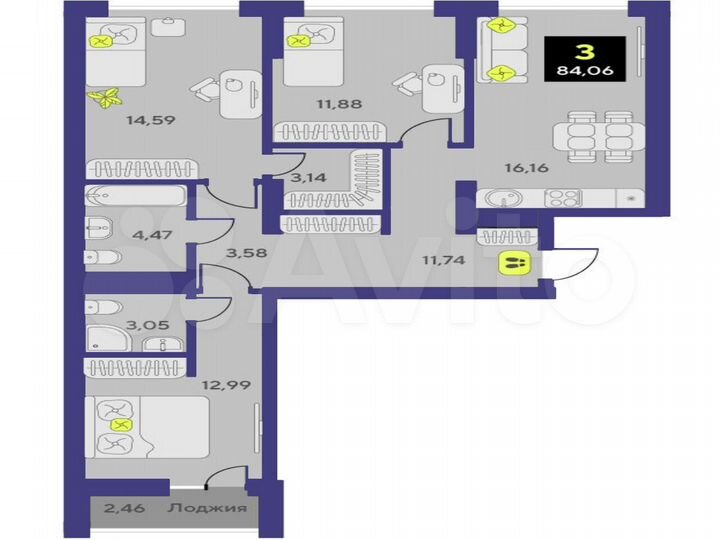 3-к. квартира, 84,1 м², 2/11 эт.