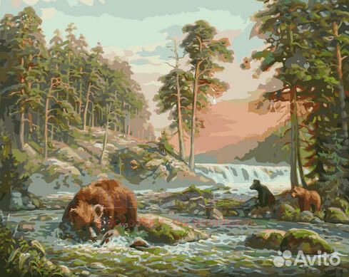 Картина по номерам 40x50 Медведи рыбачат в лесной