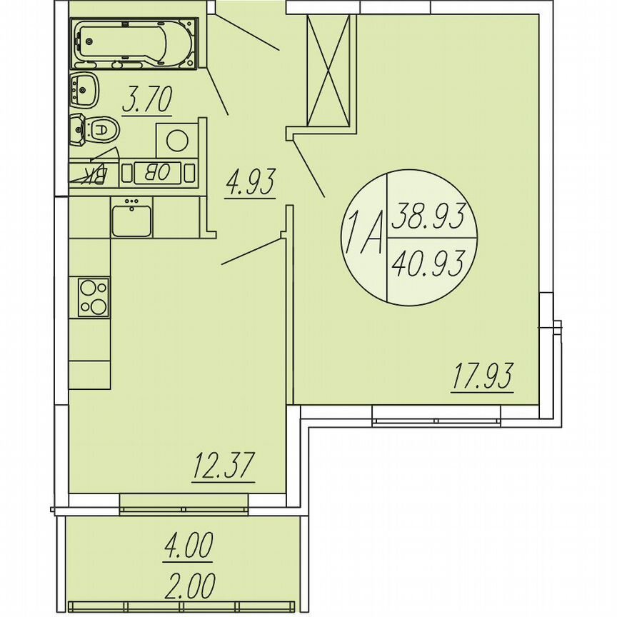 1-к. квартира, 40,9 м², 2/4 эт.