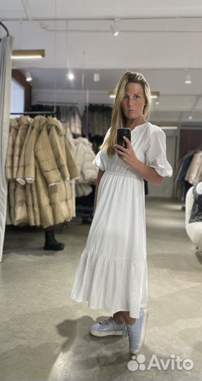 Платье с объемными рукавами, летнее, белое