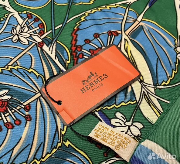 Большой шелковый платок Hermes зеленый райский сад