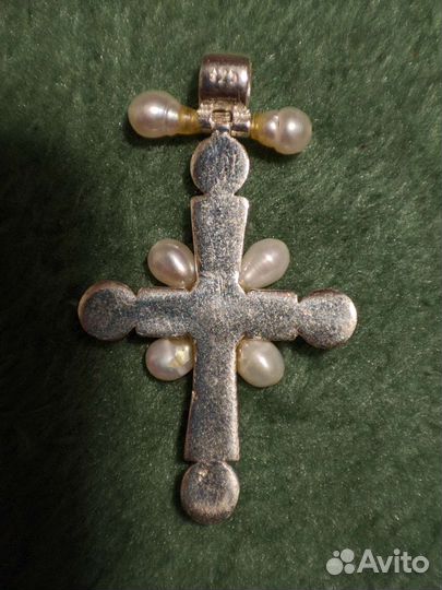 Серебряный крестик 925 с эмалями и жемчугом