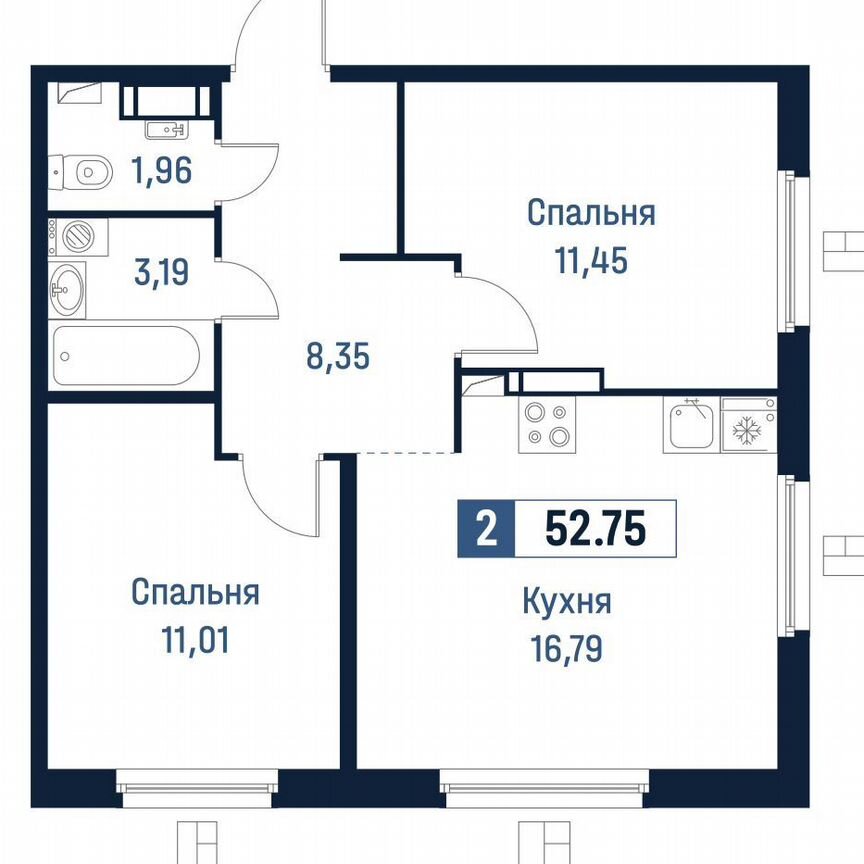 2-к. квартира, 52,8 м², 10/18 эт.