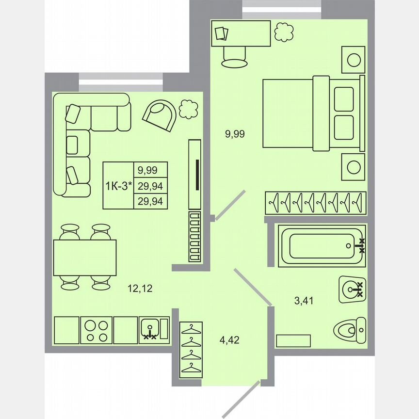 1-к. квартира, 29,9 м², 3/17 эт.