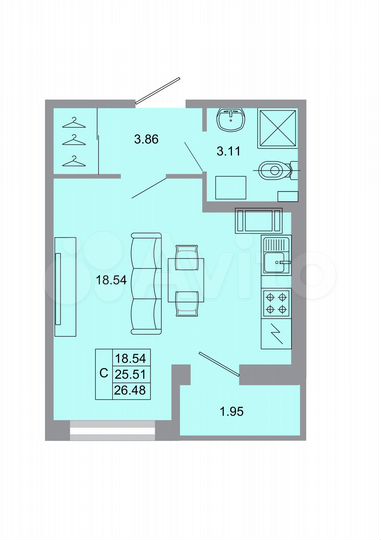 Квартира-студия, 26,5 м², 8/20 эт.