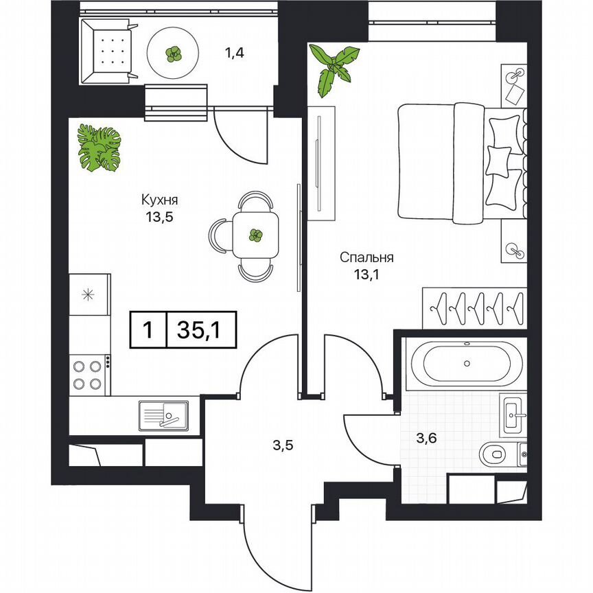 1-к. квартира, 35,1 м², 4/17 эт.