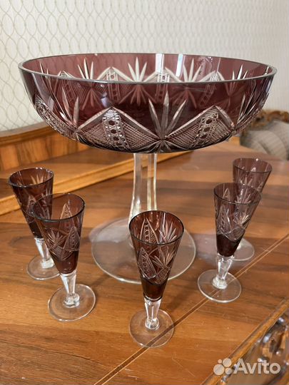 Ваза для фруктов на ножке цветное стекло СССР