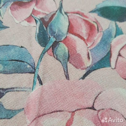 Ткань с розовыми цветами льняная, принт пионы