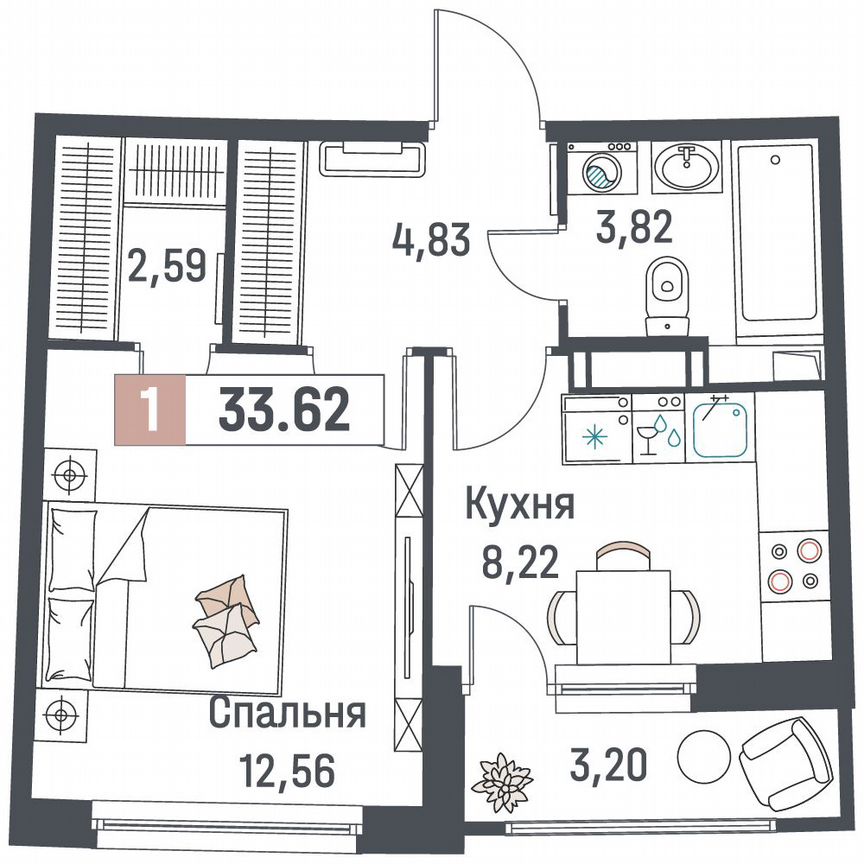 1-к. квартира, 33,6 м², 10/18 эт.