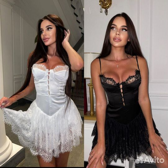 Платье из шелка с кружевом черное и белое