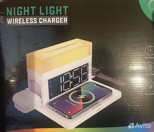 Беспроводная зарядка, ночник, будильник