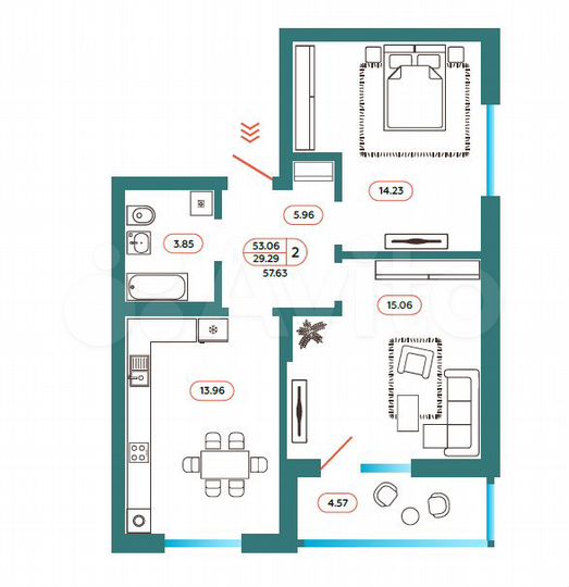 2-к. квартира, 53 м², 2/7 эт.