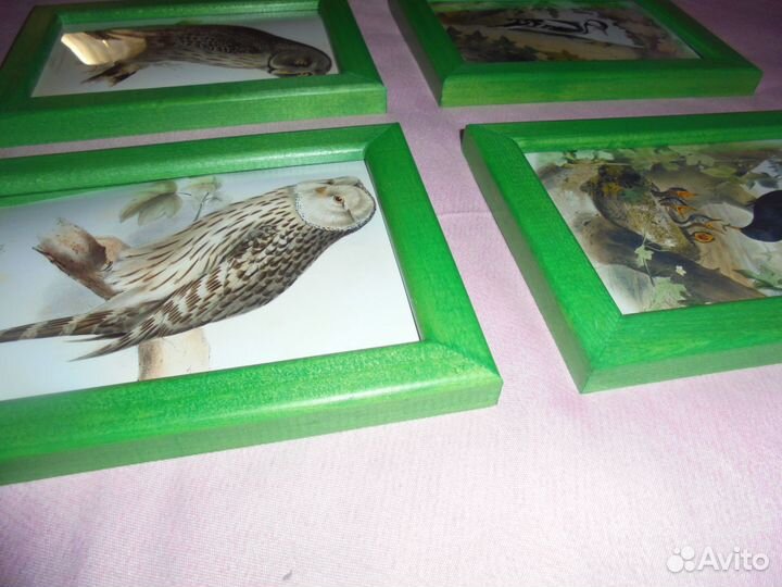 4 панно Птицы леса зелён дерев рамка 13 х 17,5 см