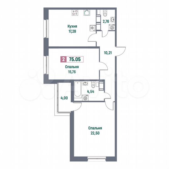 2-к. квартира, 75,1 м², 7/15 эт.