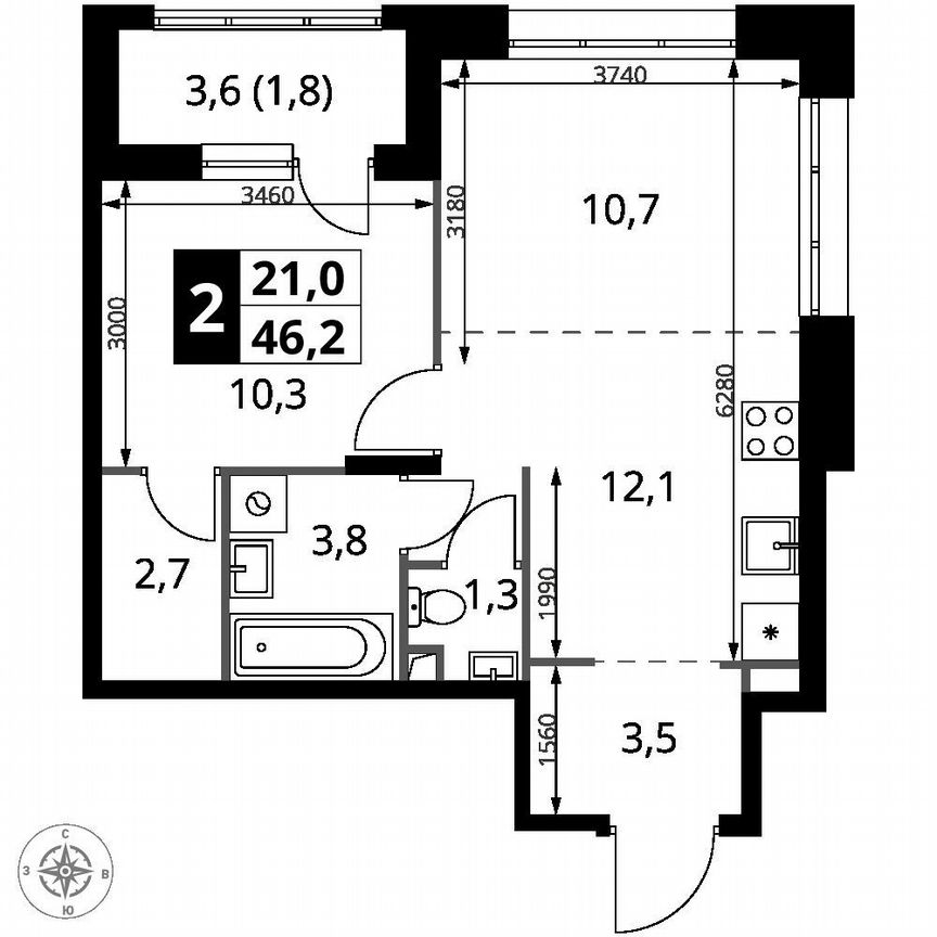 1-к. квартира, 46,2 м², 2/25 эт.