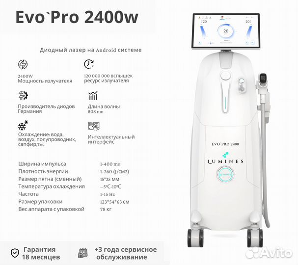 Диодный лазер для эпиляции Lumines Evo-Pro 2400 Вт