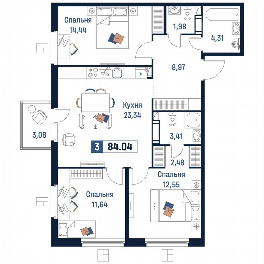 3-к. квартира, 84 м², 10/18 эт.