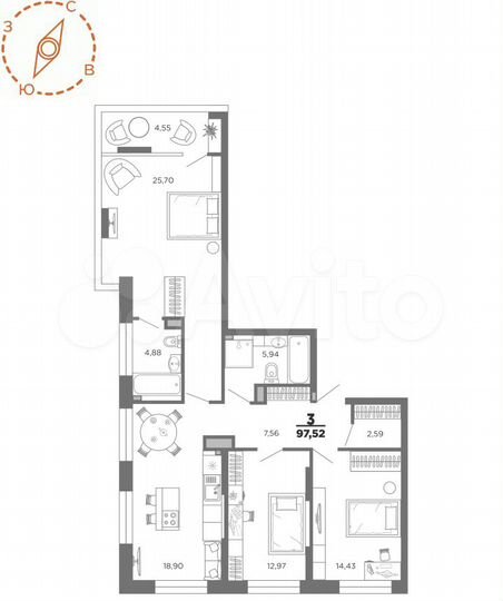 3-к. квартира, 97,1 м², 17/22 эт.