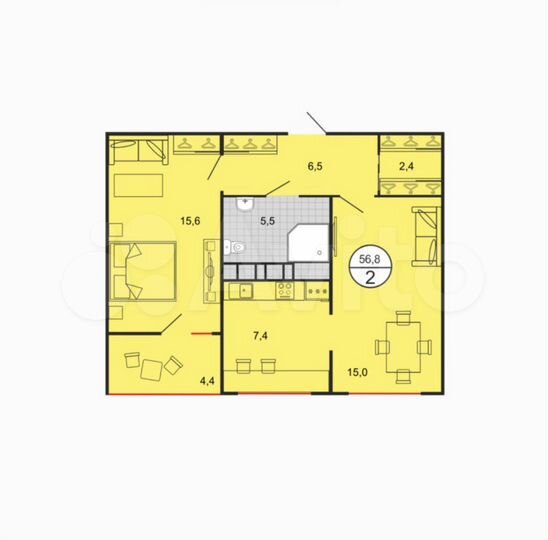 2-к. квартира, 56,8 м², 10/19 эт.