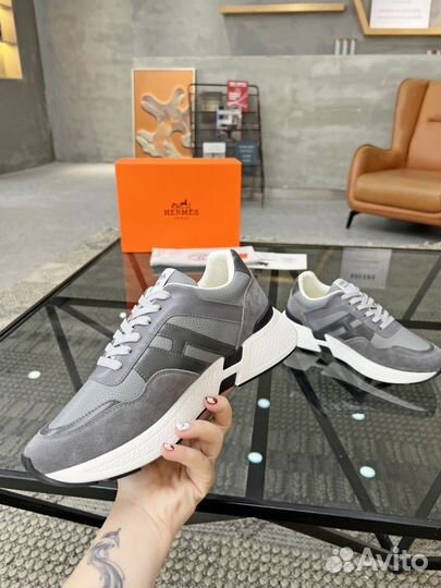 Кроссовки мужские Hermes натуральная кожа серые