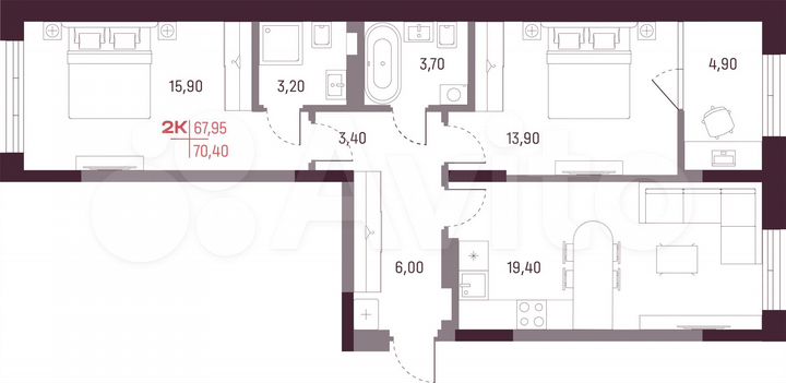 2-к. квартира, 68 м², 5/25 эт.