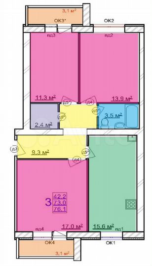 3-к. квартира, 76,1 м², 3/3 эт.