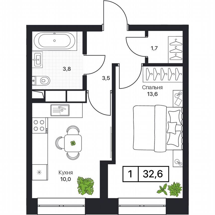 1-к. квартира, 32,6 м², 4/17 эт.