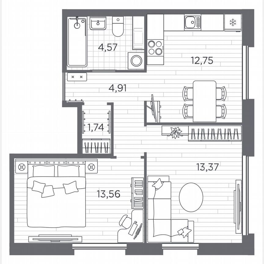 2-к. квартира, 50,9 м², 3/5 эт.