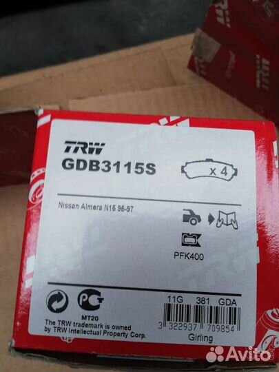 Колодки тормозные TRW Nissan Almera GDB3115