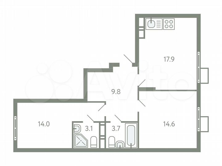 2-к. квартира, 63,1 м², 5/9 эт.