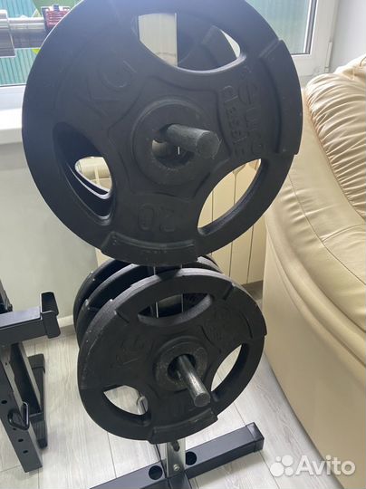 Скамья для жима со стойками, олимпийским грифом бу