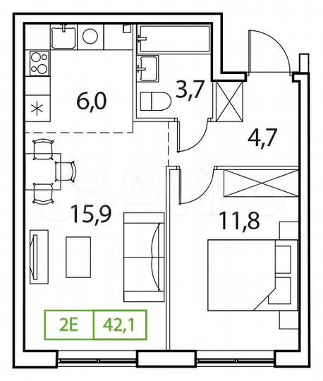 2-к. квартира, 42,1 м², 16/17 эт.