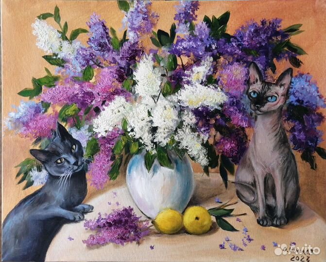 Картина маслом на холсте. Сирень и кошки. 40х50