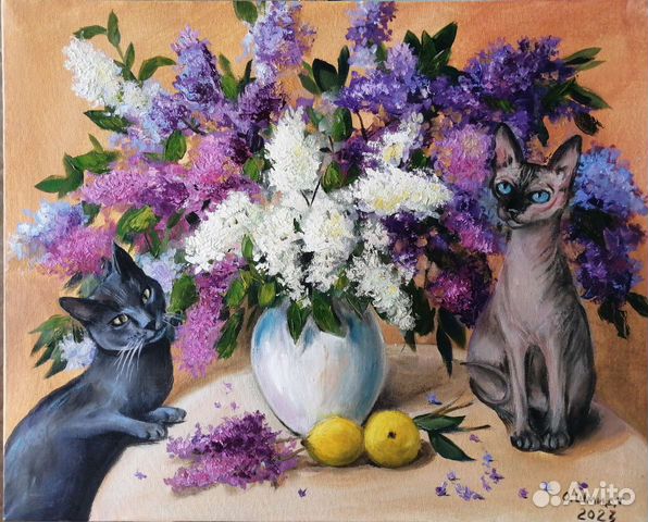 Картина маслом на холсте. Сирень и кошки. 40х50