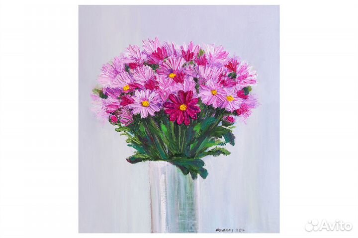 Картина маслом букет с фиолетовыми цветами астры
