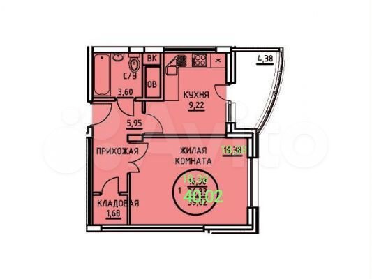 1-к. квартира, 39 м², 2/18 эт.