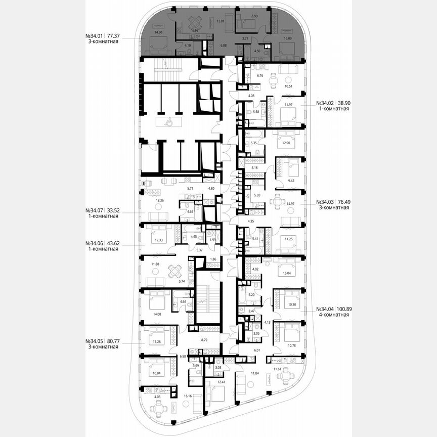 3-к. квартира, 77,4 м², 34/49 эт.