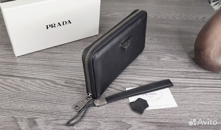 Мужской кожаный клатч кошелёк Prada black новый