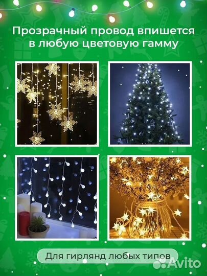 Удлинитель для гирлянды прозрачный 3 м, новый