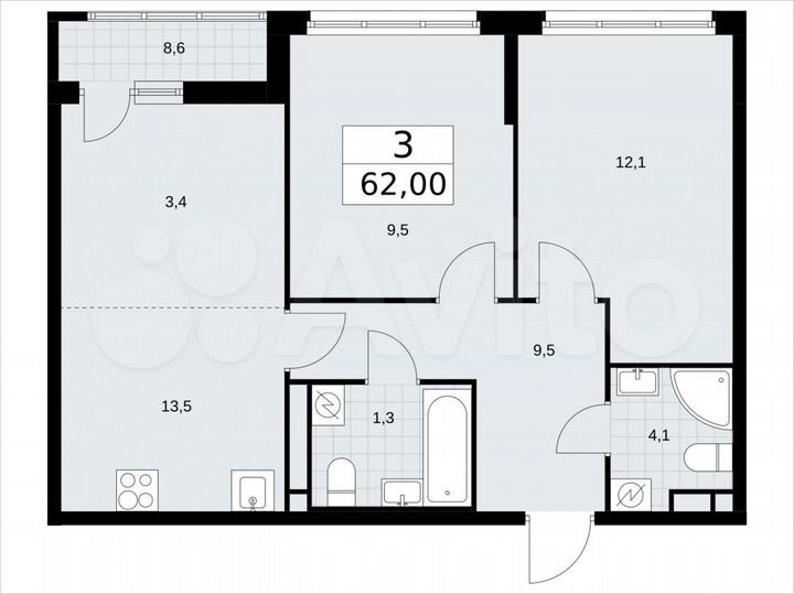 3-к. квартира, 62 м², 5/9 эт.