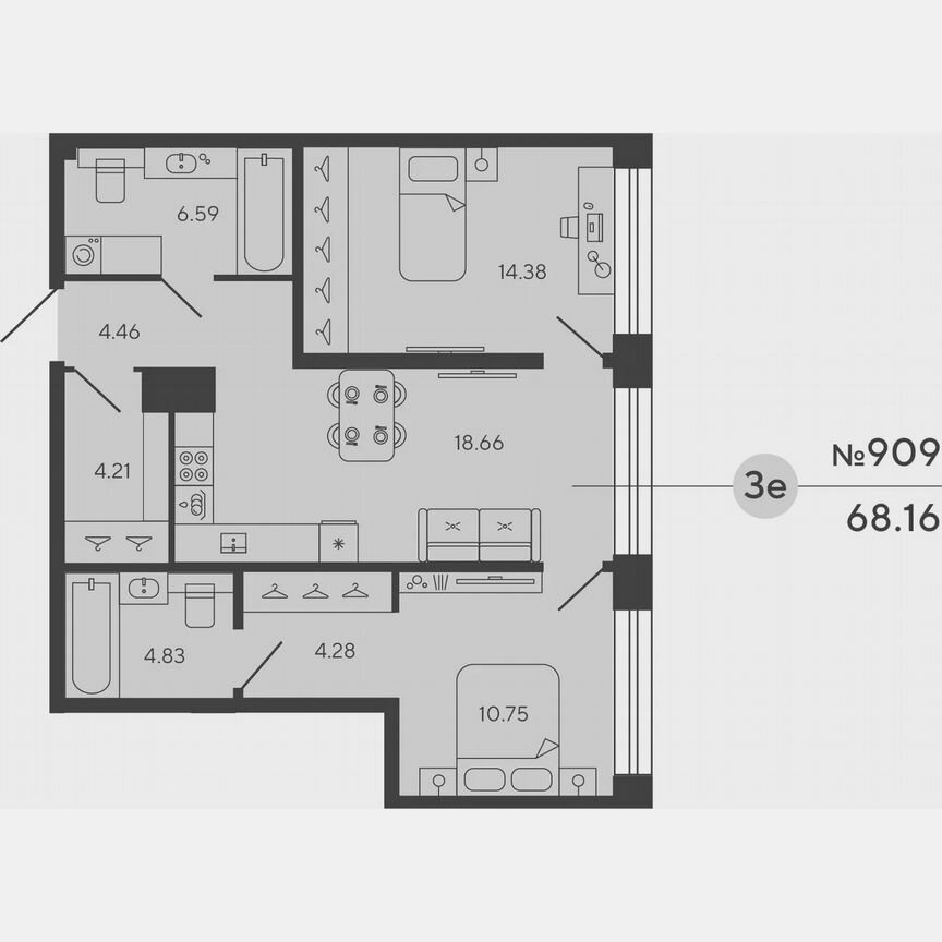 2-к. квартира, 68,2 м², 6/18 эт.