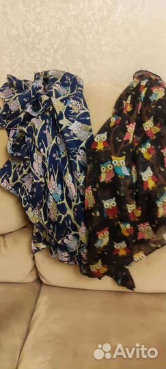 Шаль, шарф, совы, синий, чёрный