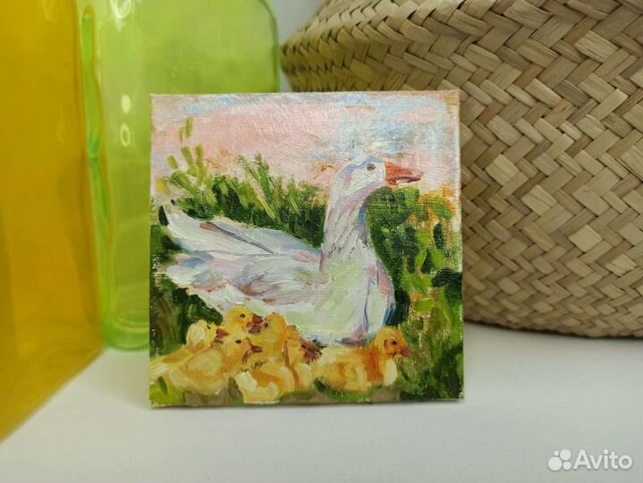 Миниатюра маслом гуси, картина маслом оригинал