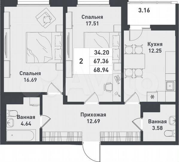 2-к. квартира, 68,9 м², 5/12 эт.