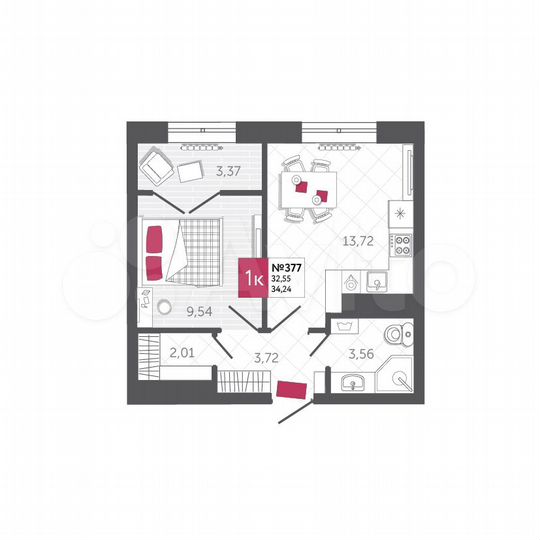 1-к. квартира, 34,2 м², 13/22 эт.