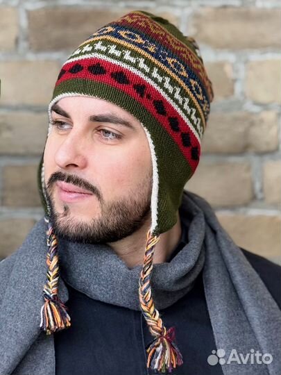 Мужская шапка двусторонняя с ушками зимняя Чульо 100% альпака цвет беж-фисташковый уно