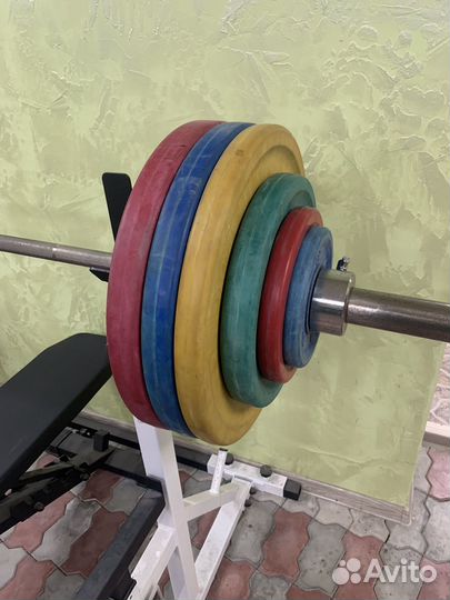 Стойка для штанги, штанга, блины, гантели