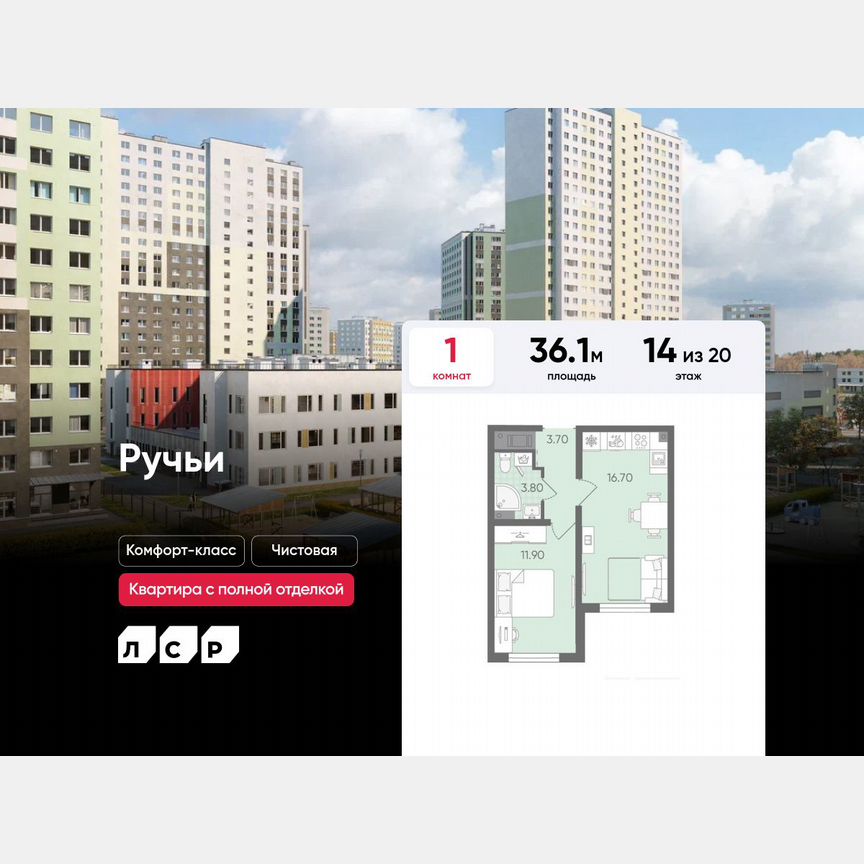 1-к. квартира, 36,1 м², 14/20 эт.