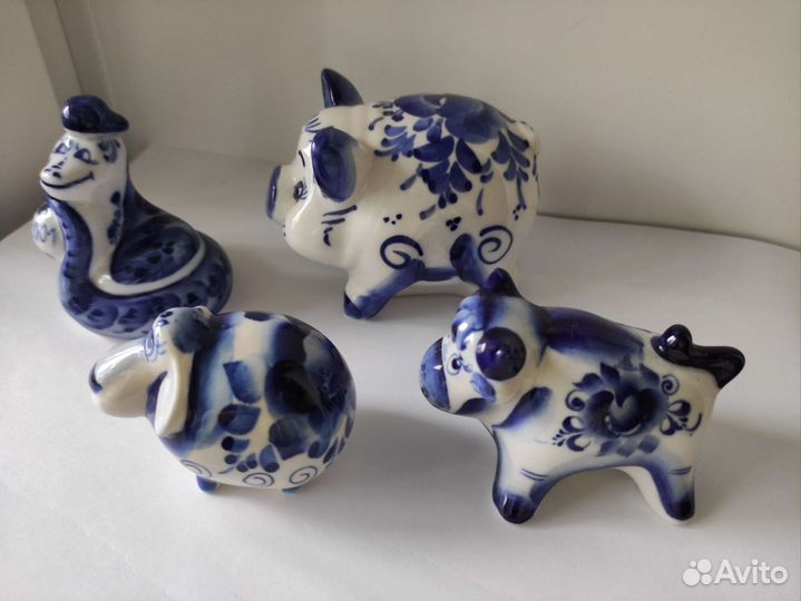 Фигурки гжель бык, змея, овца, обезьяна